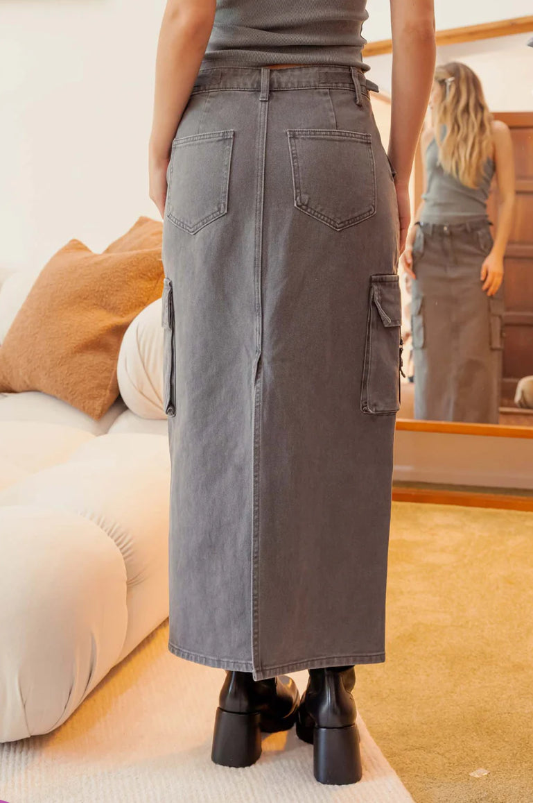 Cargo Denim Midi Skirt With Slit