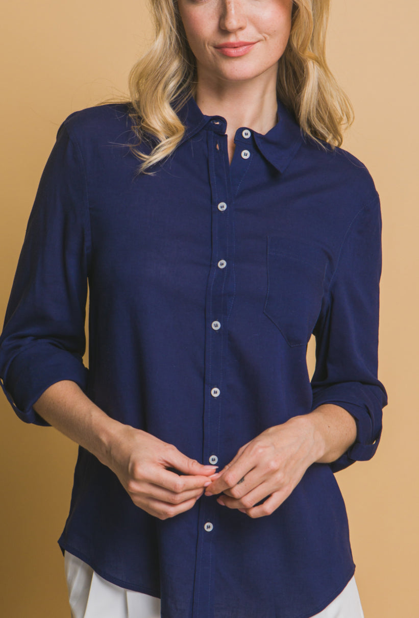 Roll Up Sleeve Linen Blend Shirt