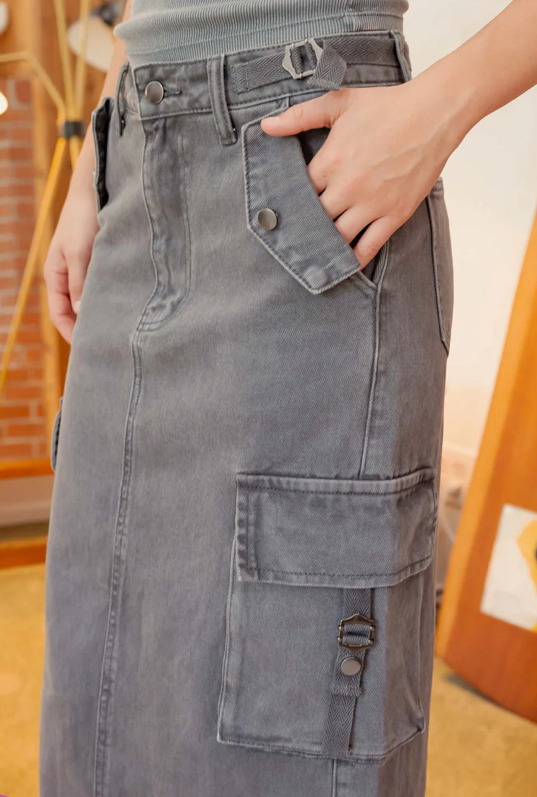 Cargo Denim Midi Skirt With Slit