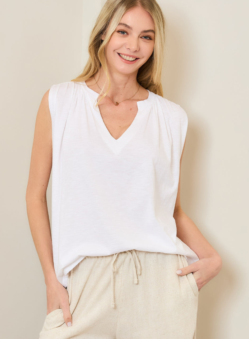 Cotton Modal Notched V Neck Shoulder Shirring Sleeveless Top