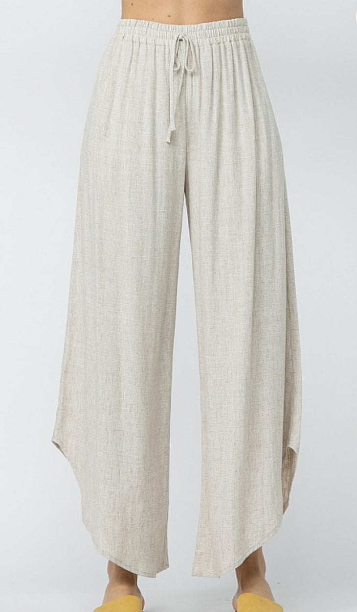 Linen Curved Hem Pants W/ Elastic