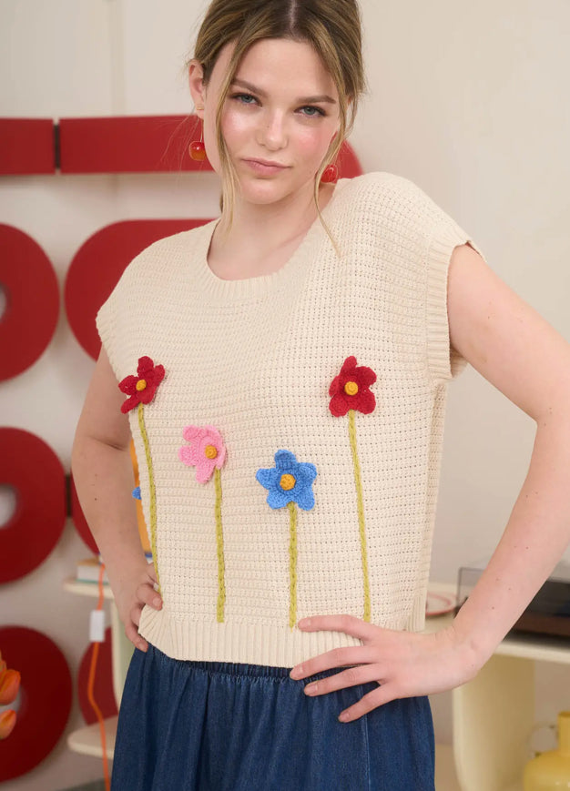 3D Floral Short Sleeve Sweater