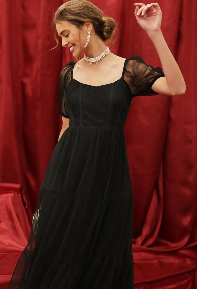 Organza Puff Sleeve Corset Tiered Midi Dress