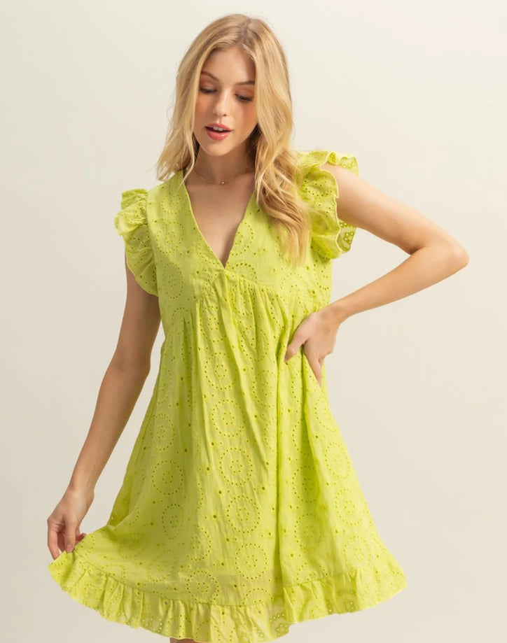 Flutter Sleeve V Neck Eyelet Mini Dress