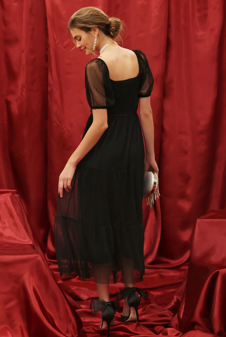 Organza Puff Sleeve Corset Tiered Midi Dress