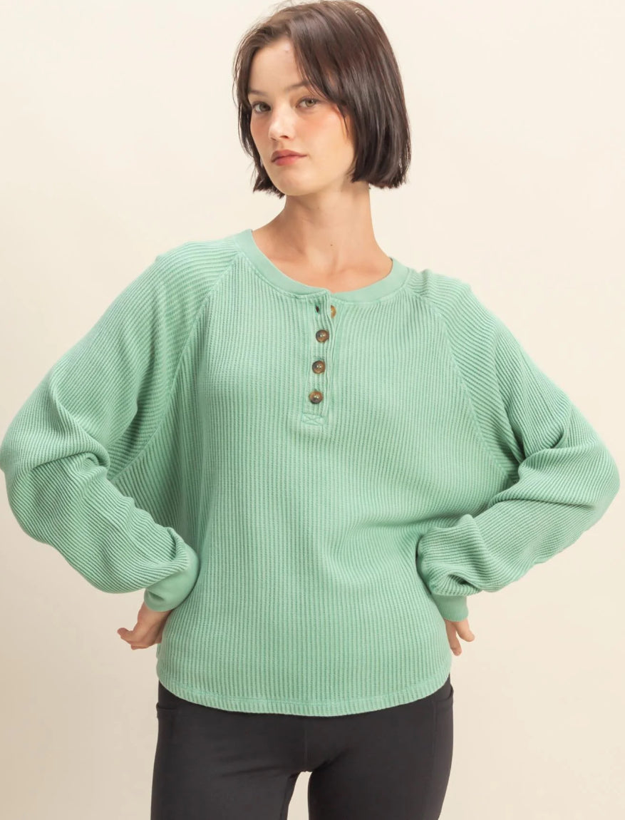 Mineral Washed Henley Waffle Long Sleeve
