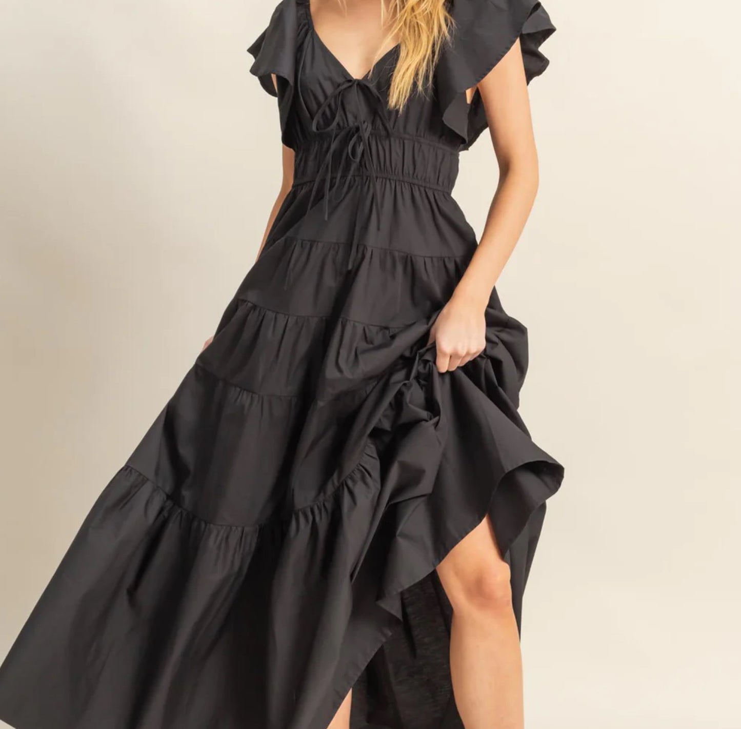 Flutter Sleeve Poplin Tiered Maxi Dress