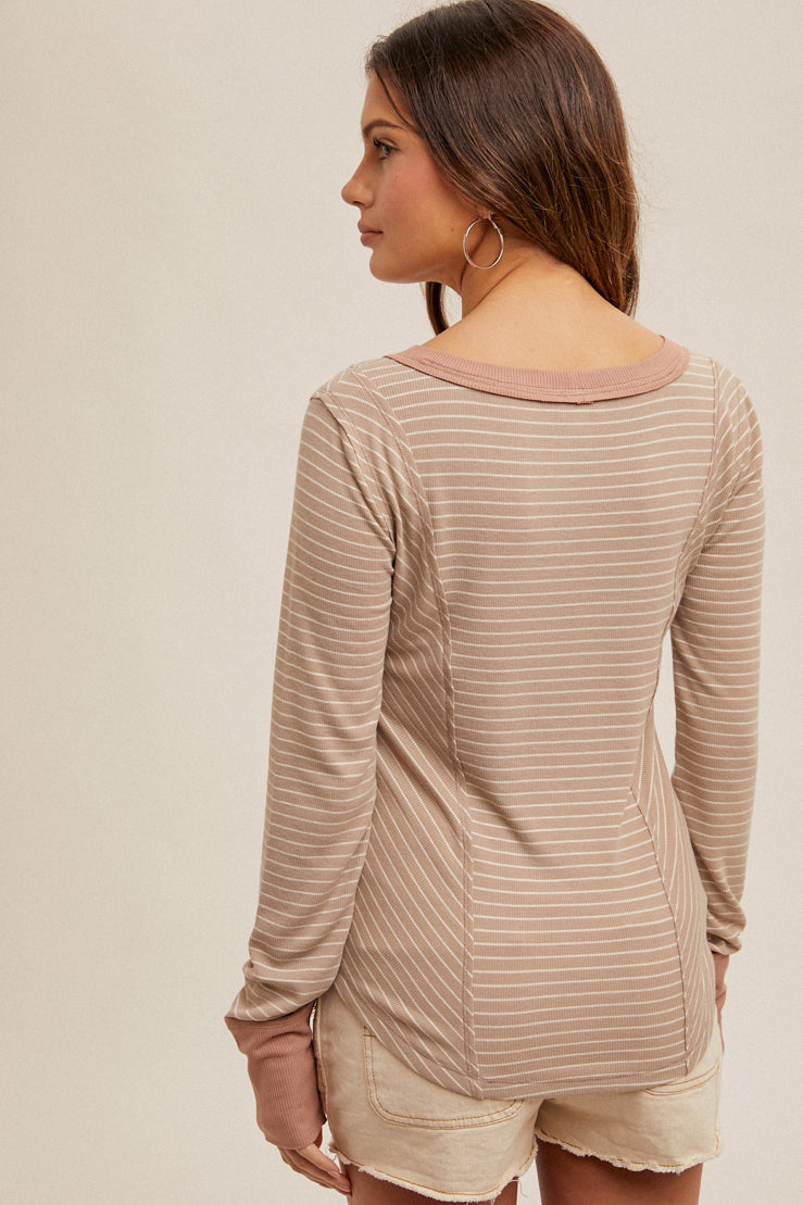 Boat Neck Rib Stripe Long Sleeve Top