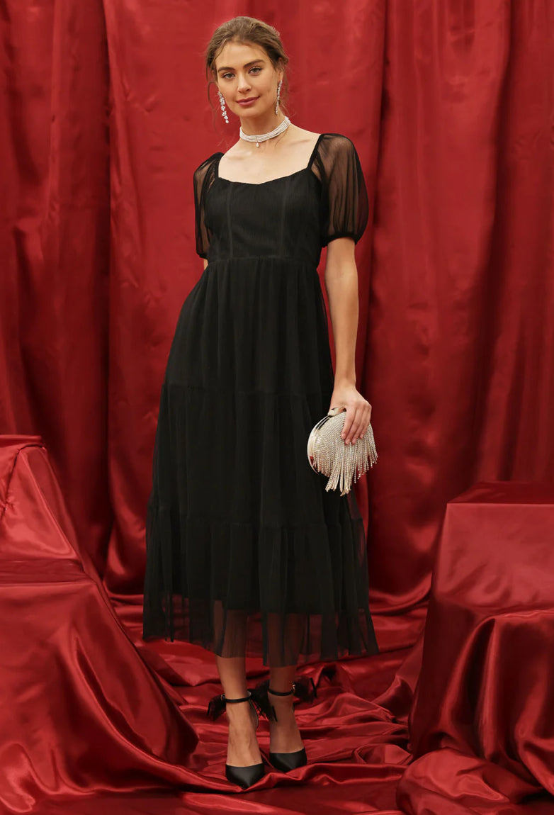 Organza Puff Sleeve Corset Tiered Midi Dress