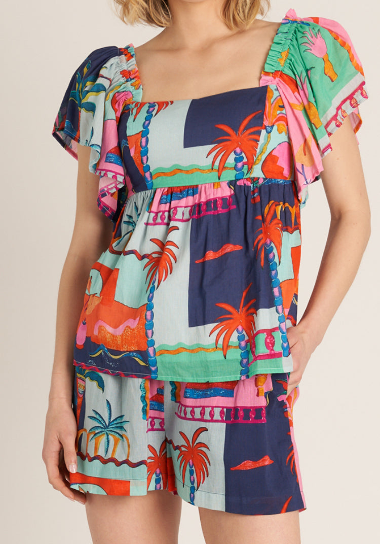 Square Neck Hawaiian Print Blouse
