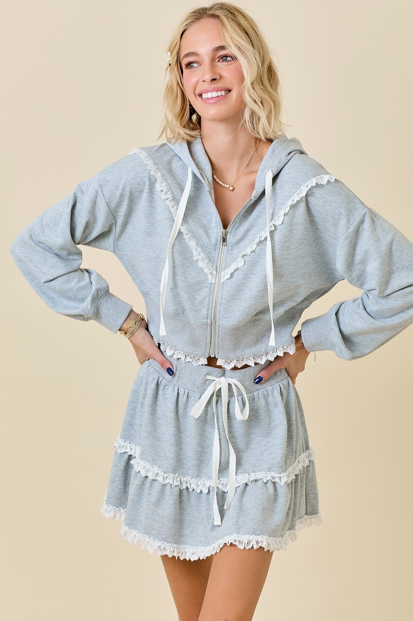 French Terry Hoodie Zip-Up with Lace Trim Detail