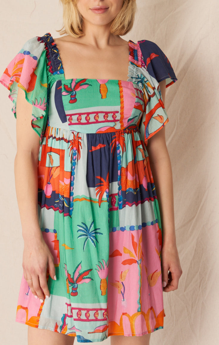 Square Neck Hawaiian Mini Dress