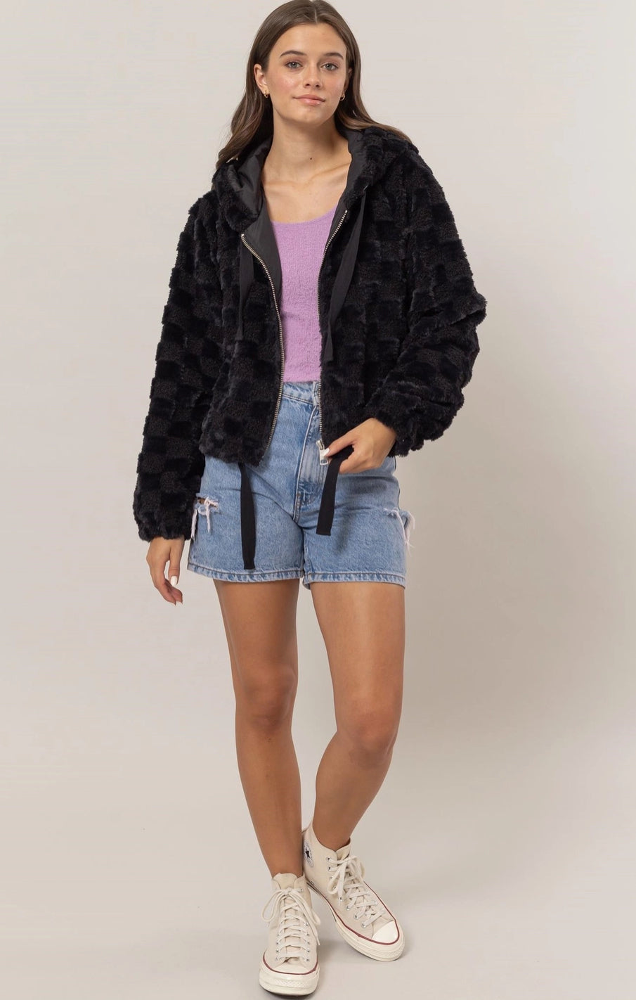 Sherpa Checkered Pattern Hood Jacket