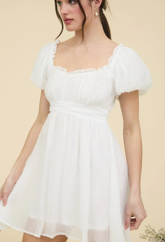 Balloon Sleeve Ruffle Trim Back Lace Up Mini Dress