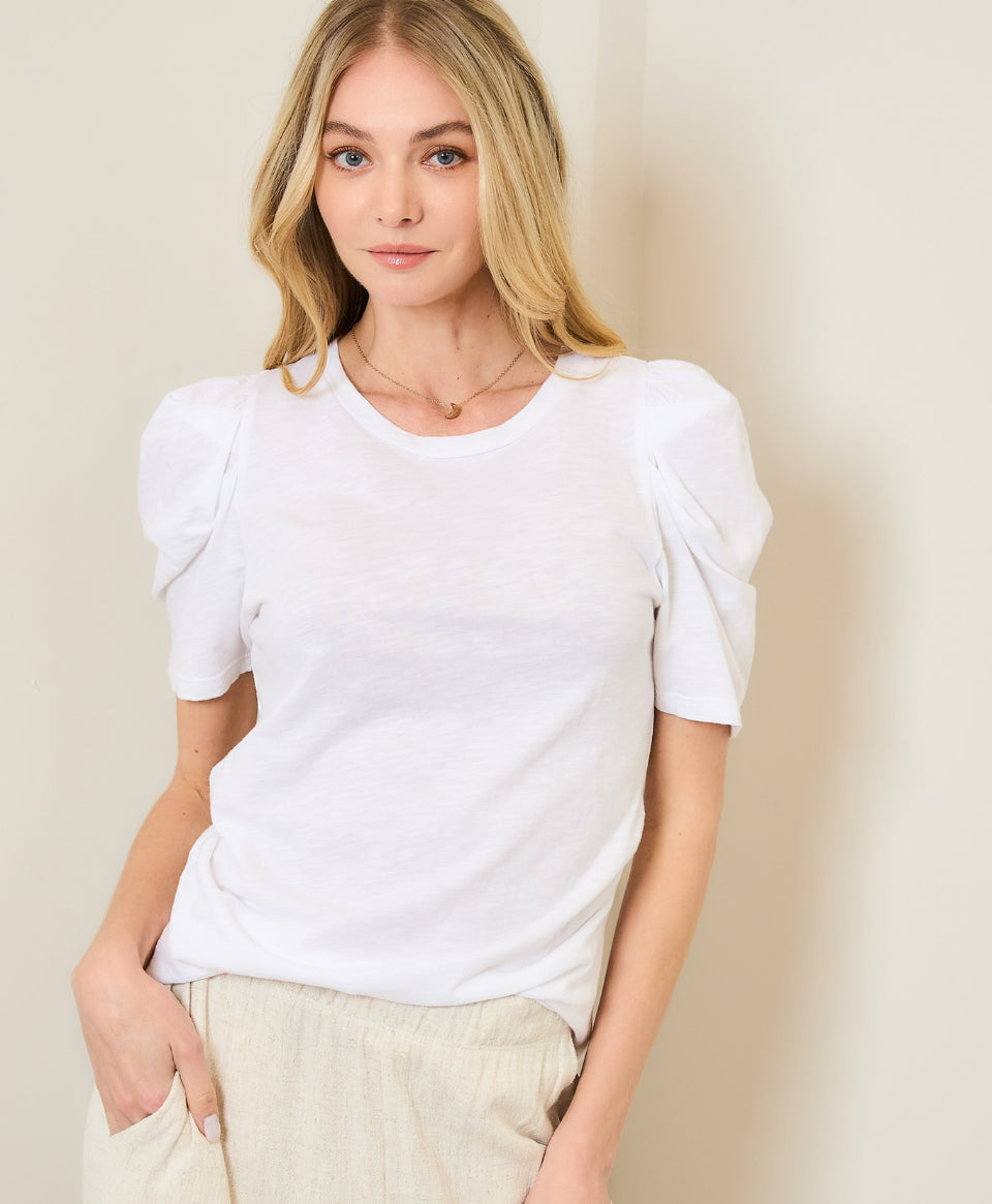 Slub Round Neck Scrunch Sideseam Puff Shoulder Short Sleeve