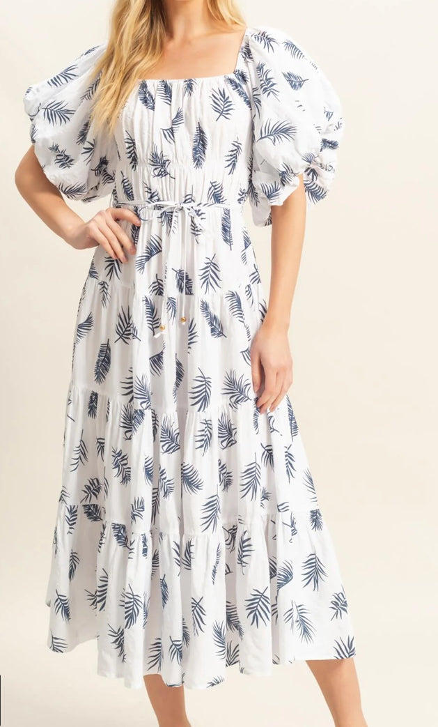 Leaf Printed Puff Sleeve Maxi Dress